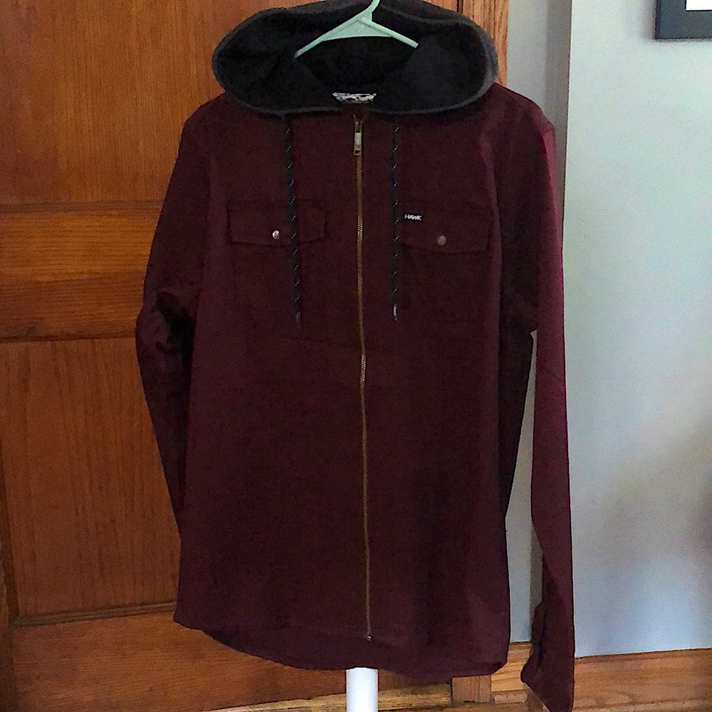 Zip up sweater, dark red, brand is Tony Hawk